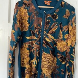 Floral Women's Cardigan  in Teal and Gold Tory Burch Zip Up Xl